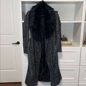 New Look Herringbone Faux Fur Trim Belted Coat